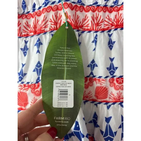 NWT Farm Rio V-neck Shoulder Tie Graphic Fishes Off White Tiered Dress Sz: Small - Picture 5 of 8